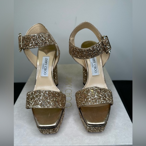 Jimmy Choo Maie Gold Glitter Platform Heels size 38 - Picture 5 of 14